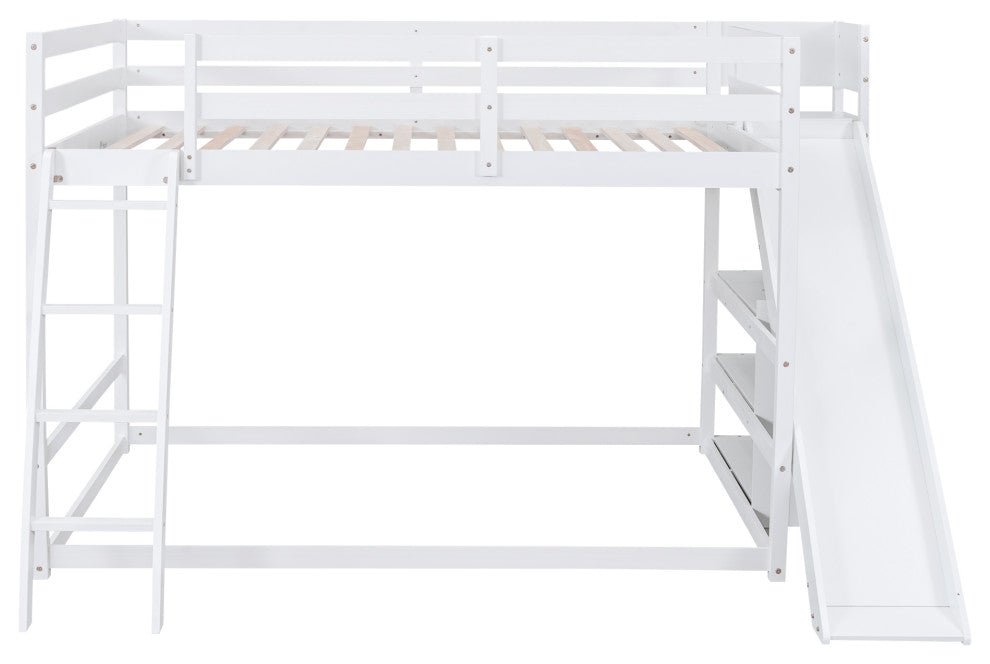 Gewnee Wood Full Over Full Bunk Bed with Ladder, Slide and Shelves in White