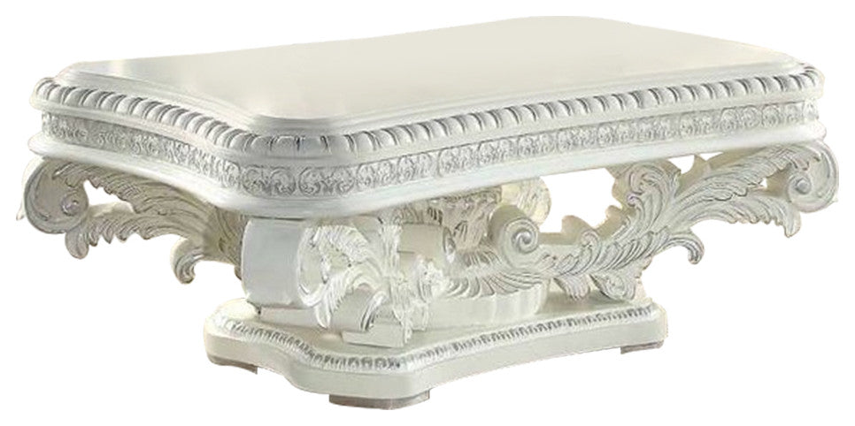 Benzara BM276274 Coffee Table, Raised Scrolled Pedestal, Ornate Motif, White