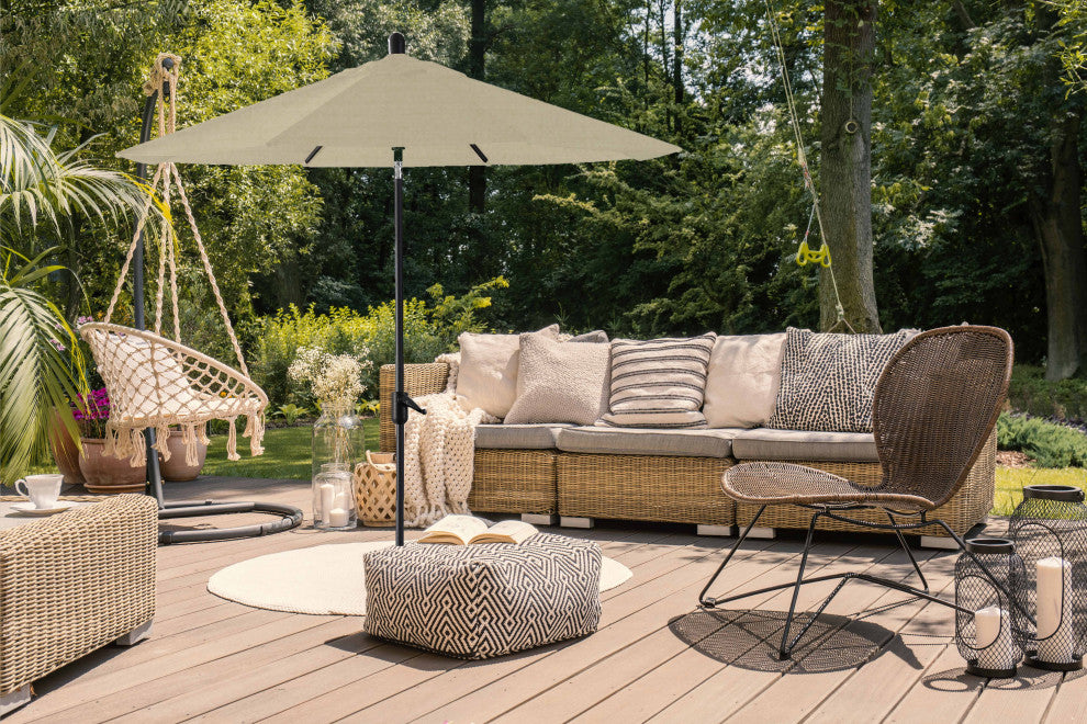 9' Round Push Tilt Market Umbrella, Black Frame, Sunbrella, Antique Beige