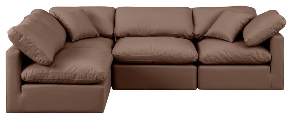 Indulge Upholstered Modular L-Shaped Sectional, Brown, 4-Piece: 2 Armless Chair, 2 Corner Chair, Fiber Stuffed Vegan Leather