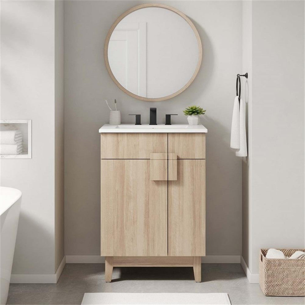 Modway Miles 24" Wood Bathroom Vanity Cabinet with Tapered Legs in Oak