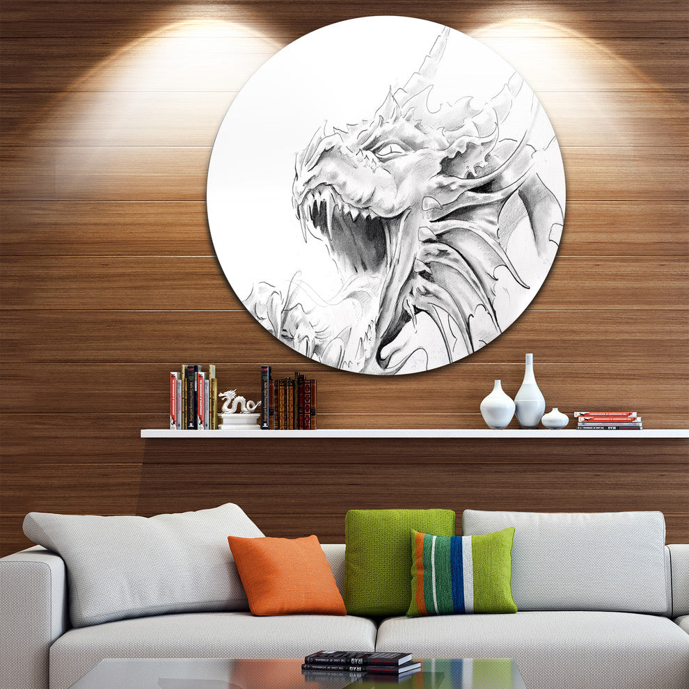 Dragon Tattoo Sketch, Digital Art Large Disc Metal Wall Art, 11"