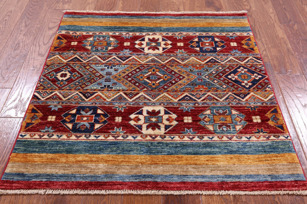3' Square Super Kazak Khorjin Hand-Knotted Wool Rug Q11052