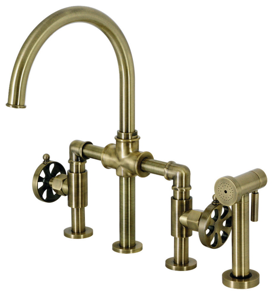 KS2333RX Belknap Bridge Kitchen Faucet With Brass Sprayer, Antique Brass