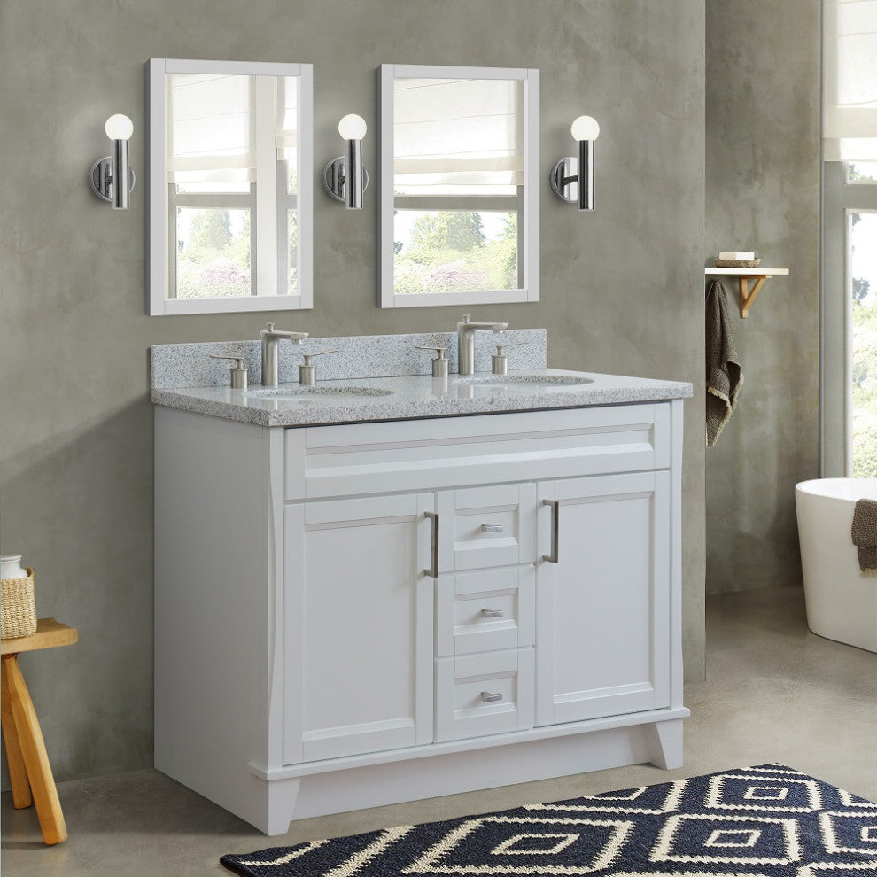 48" Double Sink Vanity, White Finish With Gray Granite And Oval Sink