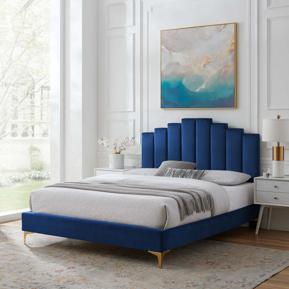 Platform Bed Frame, Full Size, Velvet, Blue Navy, Modern Contemporary, Bedroom