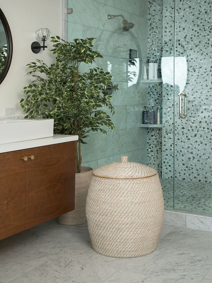 Rattan Beehive Hamper With Liner, White Wash