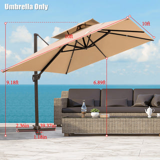 10' Tan Polyester Square Tilt Cantilever Patio Umbrella With Stand