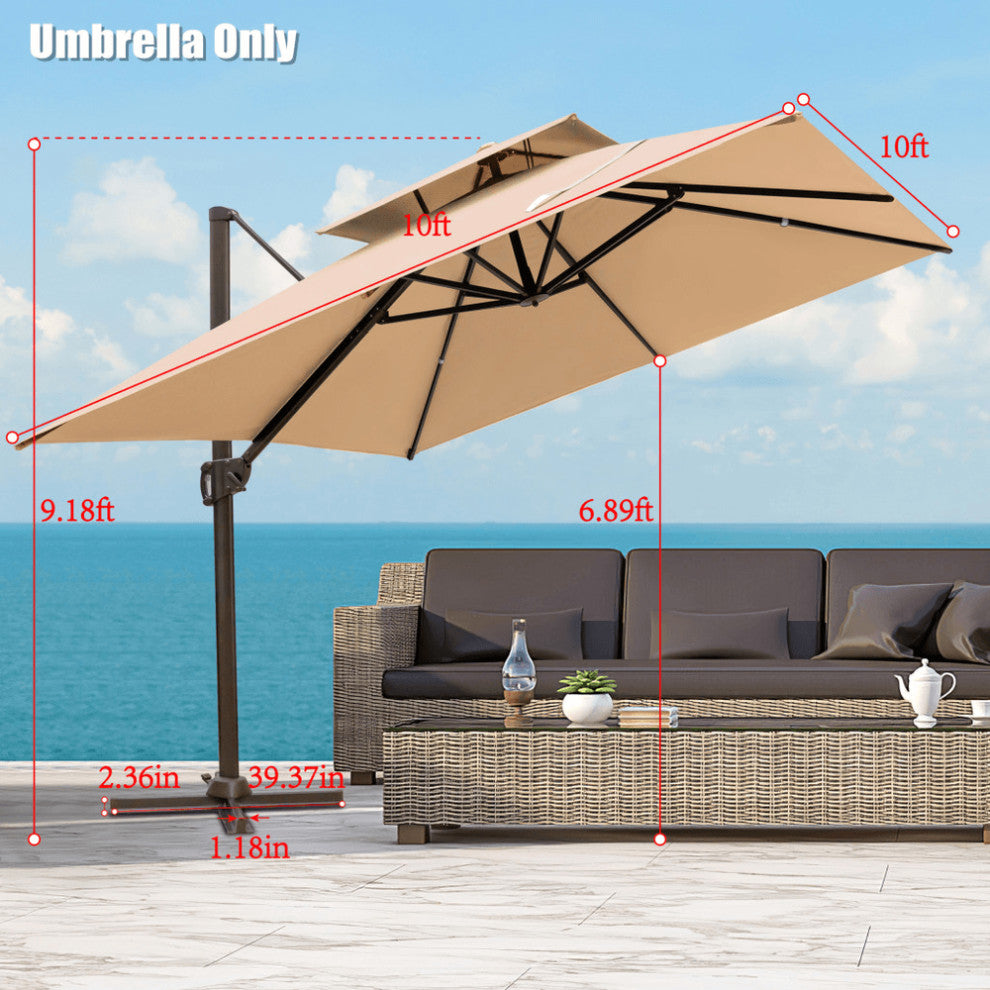 10' Tan Polyester Square Tilt Cantilever Patio Umbrella With Stand