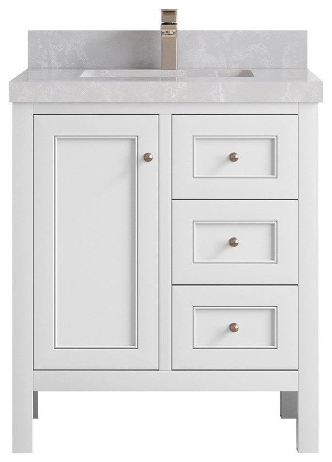 Nashville 30" Single Sink Bath Vanity, White 2" Pearl Light Gray