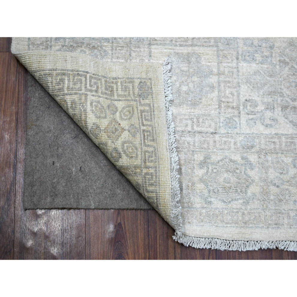 Ivory, White Wash Peshawar with Motifs, Soft Wool Hand Knotted Rug, 4'1" x 5'9"