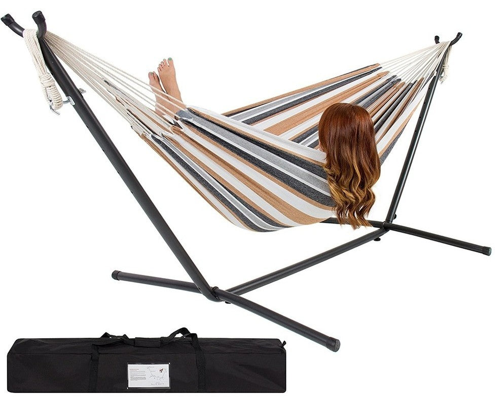 Double Hammock With Space Saving Steel Stand Includes Portable Carrying Case