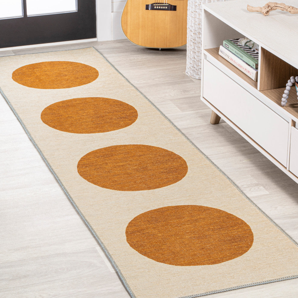 Cirkel Minimalist Geometric Dot Machine-Washable Area Rug, Cream/Rust, 2x8