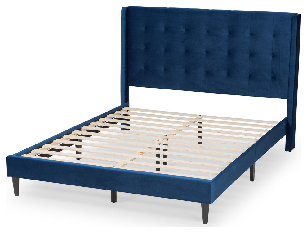 Violeta Modern Velvet Upholstered Platform Bed, Navy Blue/Dark Brown, Queen