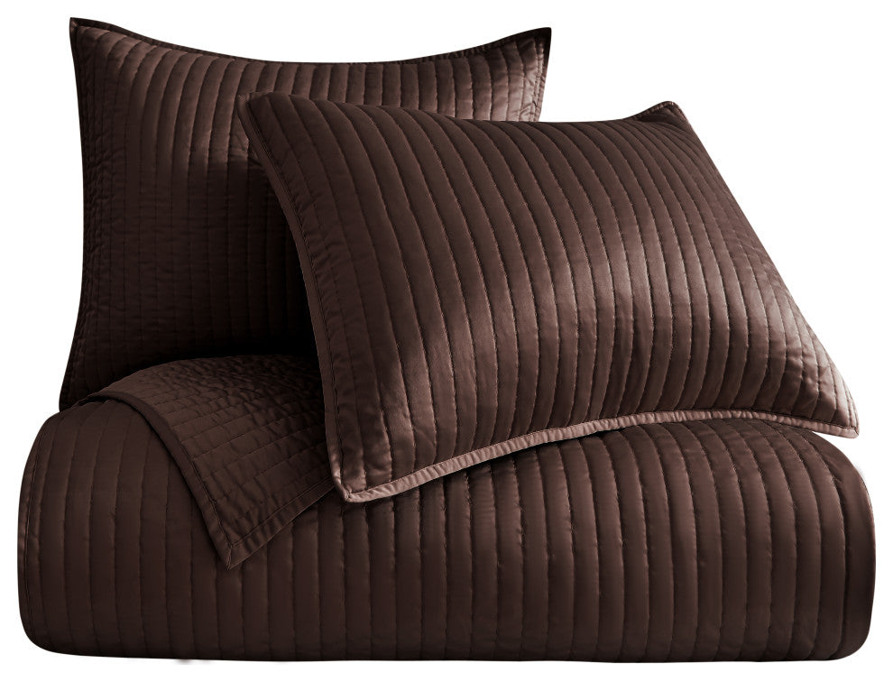 Satin Channel Quilt Set, 3 Piece, Brown, King