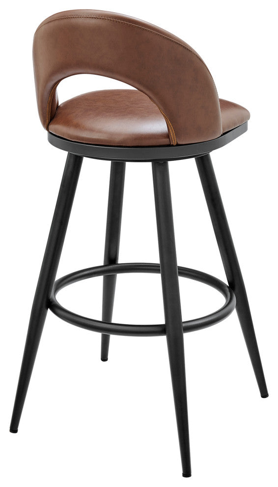 Lottech Swivel Bar Stool in Black Metal with Brown Faux Leather