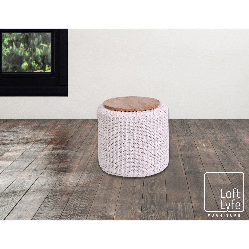 Loft Lyfe Marbella Ottoman, Hand Knitted, Wooden Tray, Cotton Yarn, White