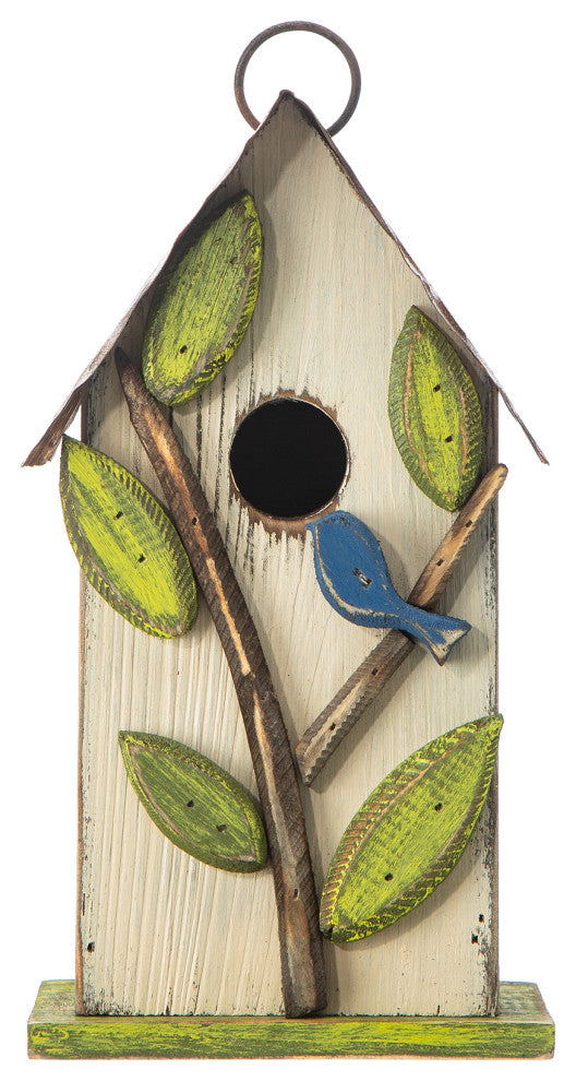 9.75"H Washed White Distressed Solid Wood Birdhouse With 3D Tree and Bird