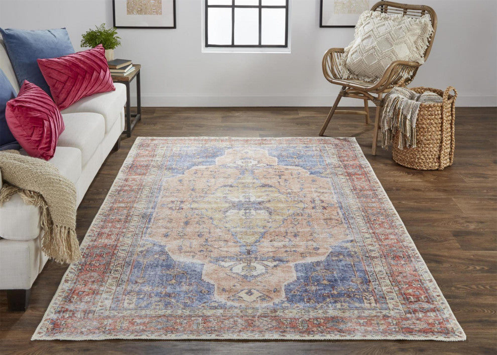 Prescott Vintage Machine Washable Rust/Blue Rug, 7'10"x9'10"