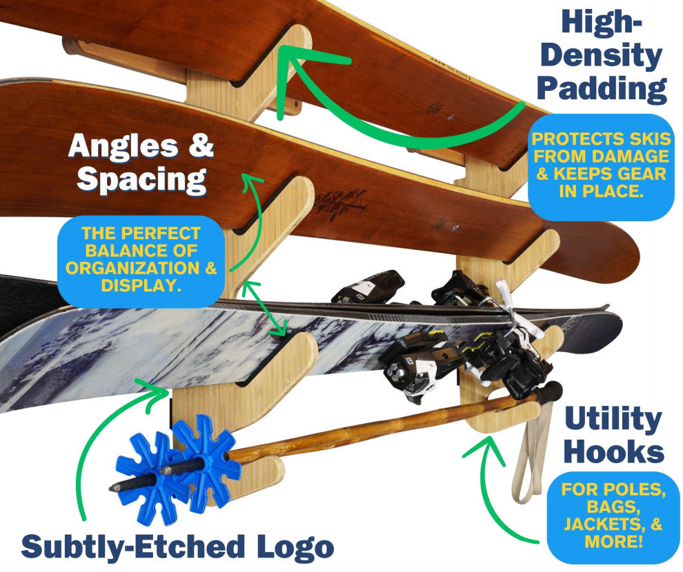 Ski Rack - The Hallsteiner Series Horizontal Ski Wall Mount, Bamboo, Show-Off