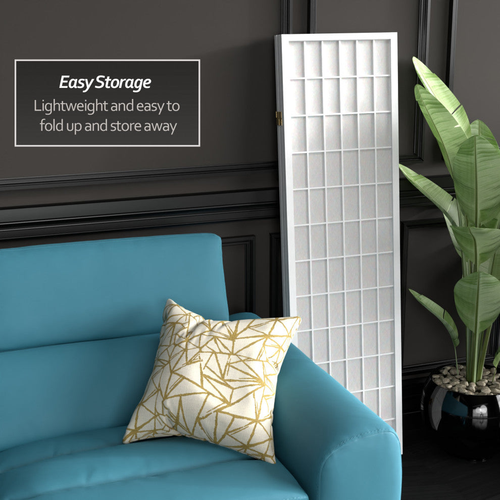 5' Tall Window Pane Shoji Screen, White, 3 Panels
