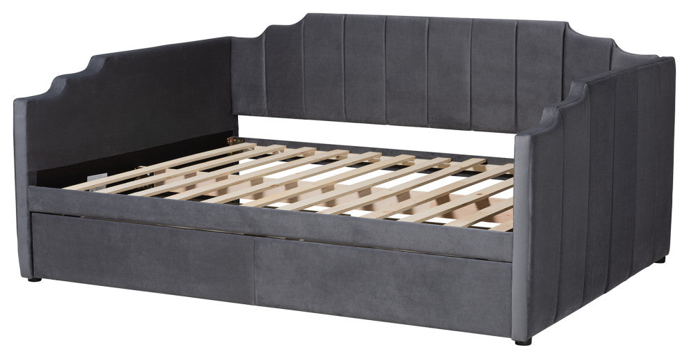 Gulliver Grey Velvet Fabric Upholstered 2-Drawer Daybed