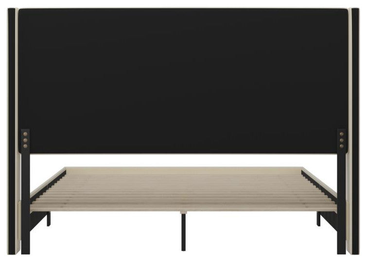 Quinn Upholstered Platform Bed with Channel Stitched Wingback Headboard, Beige, King