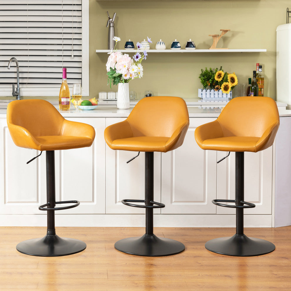 Set of 3 Adjustable Swivel Bar Stool, Mustard Yellow