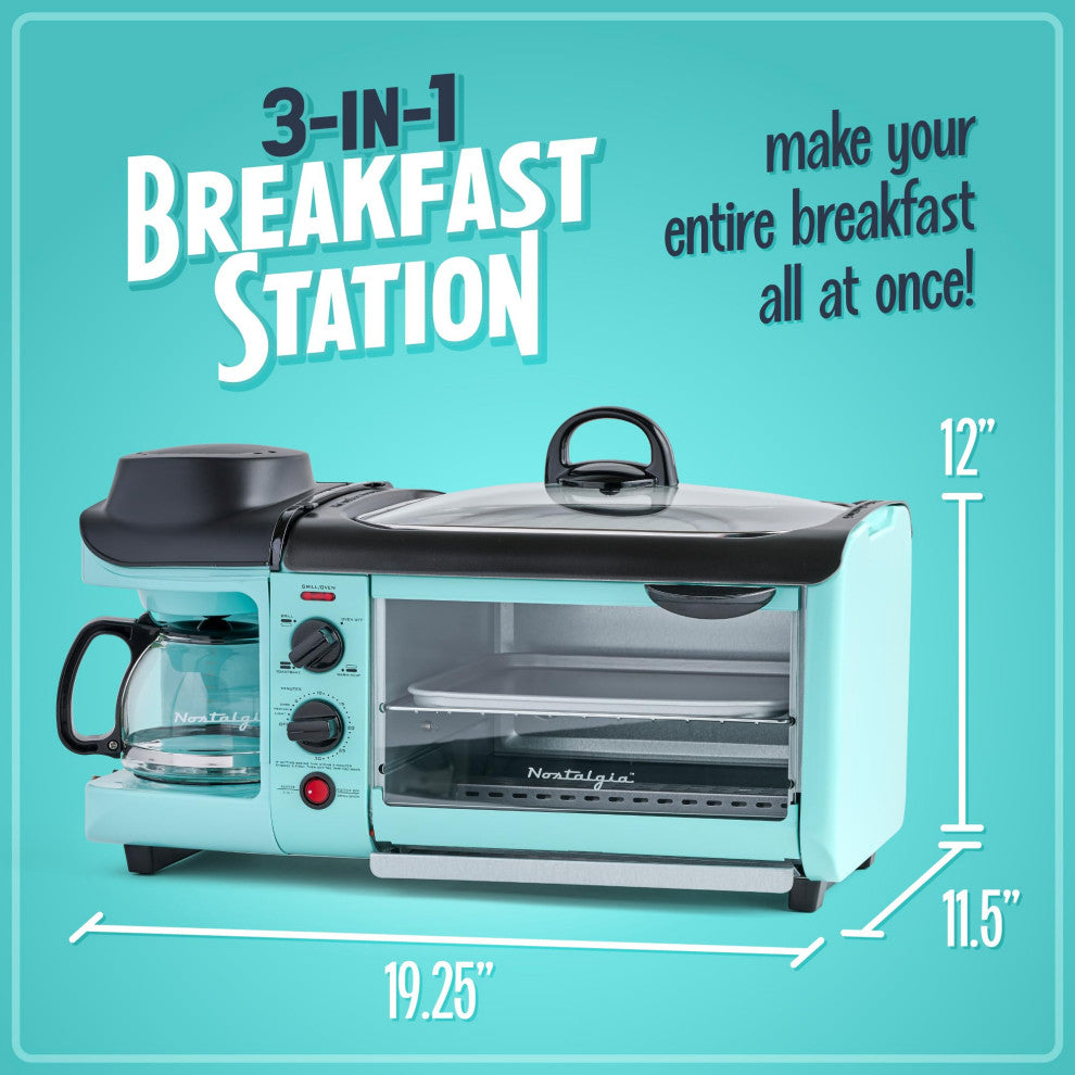3-in-1 Breakfast Station - Includes Coffee Maker, Non-Stick Griddle, and 4-Slice, Aqua Breakfast Station