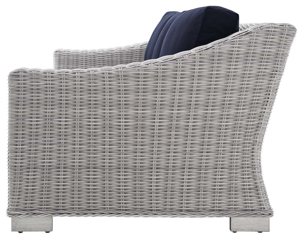 Lounge Sofa Chair Table Set, Rattan, Wicker, Gray Blue Navy, Outdoor