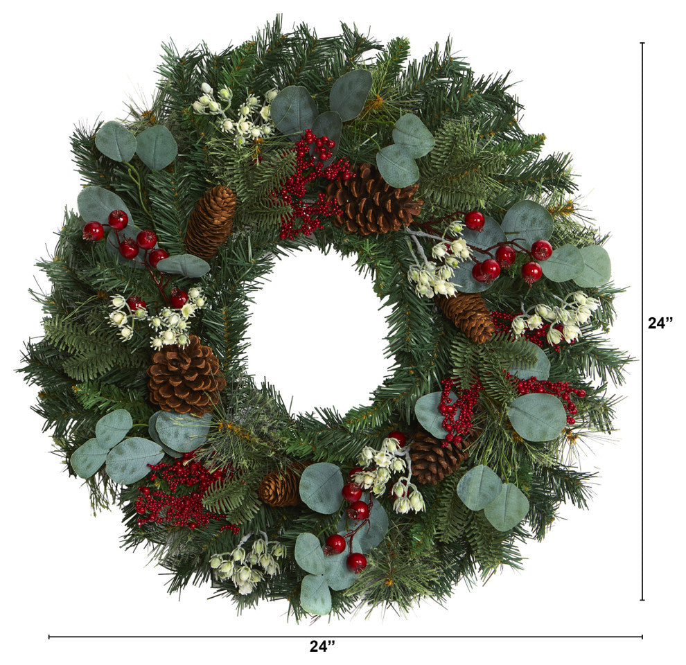 Nearly Natural 24ï¿½ Eucalyptus and Pine Wreath with Berries and Pine Cones