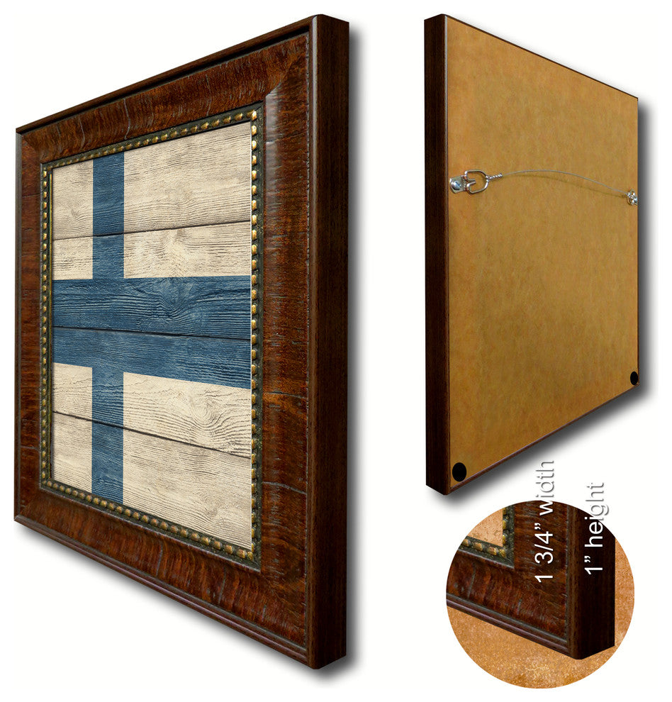 Finland Country Textured Flag Print With Brown Gold Frame, 15"X21"
