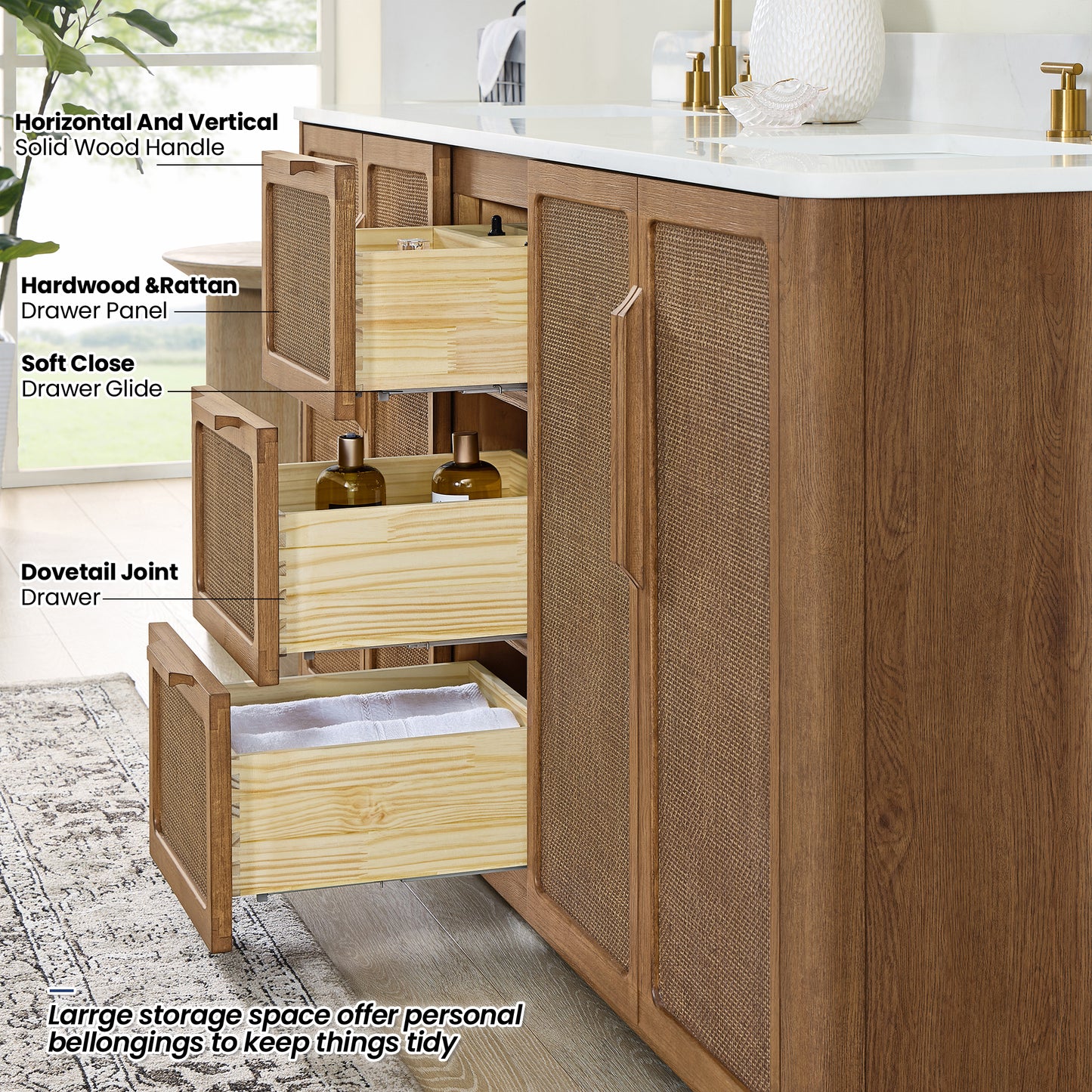Busan Bath Vanity, Quartz Top No Mirror, Oak Classic Brown, 60", Double Vanity