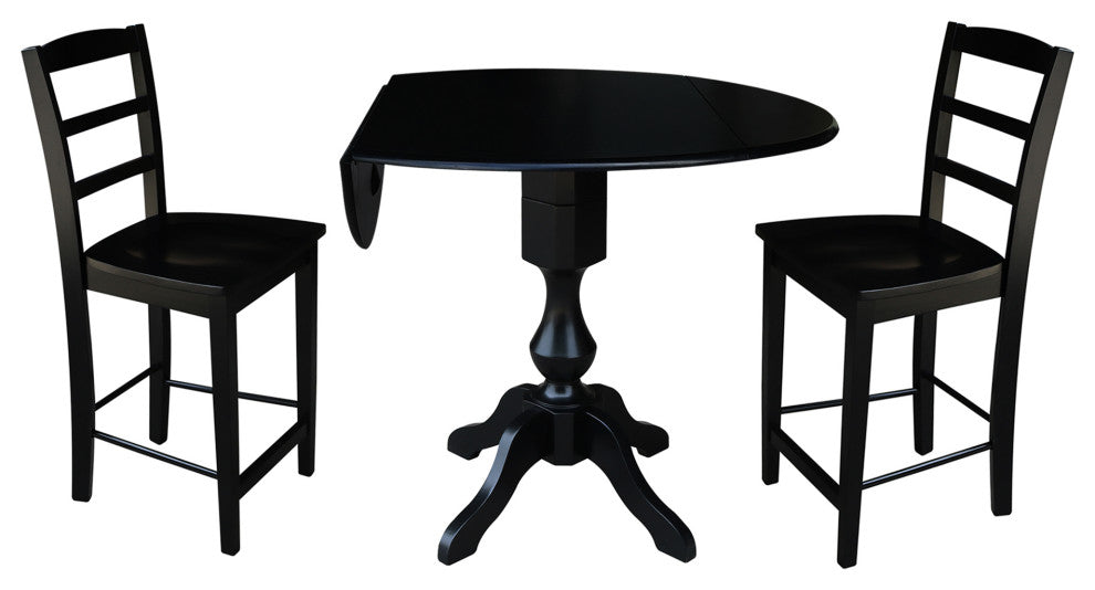 42" Round Pedestal Gathering Height Table with 2 Counter Height Stools, Black