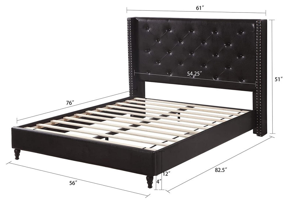 Elegant Platform Bed, Brown Faux Leather Upholstery & Tufted Headboard, Full