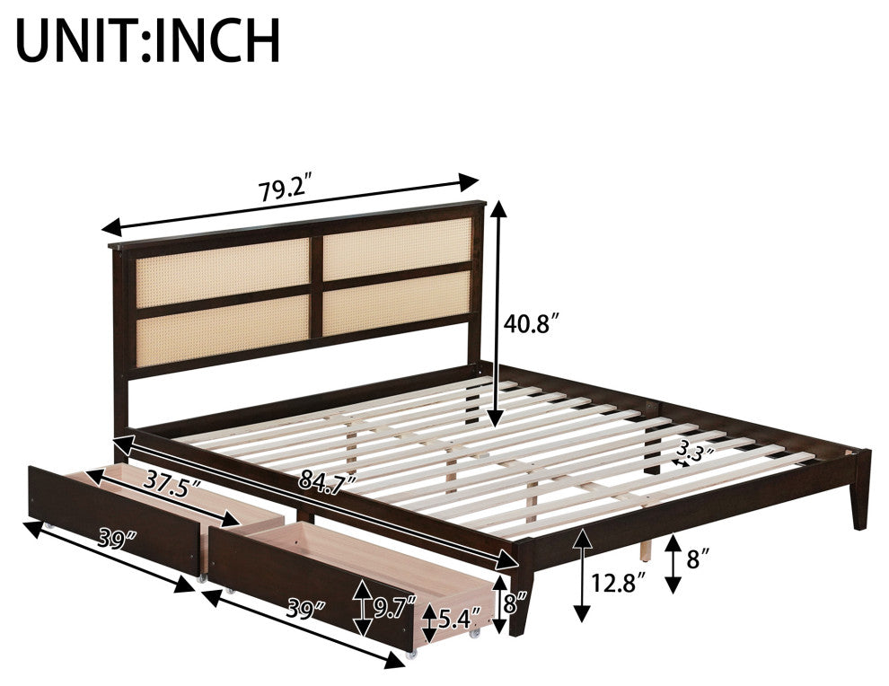 GDF Studio King Size Platform Bed, Rattan Headboard & Storage Drawers, Espresso