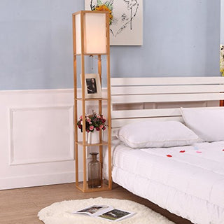 Brightech Maxwell - Modern LED Shelf Floor Lamp - Skinny End Table & Nightstand, Natural Wood