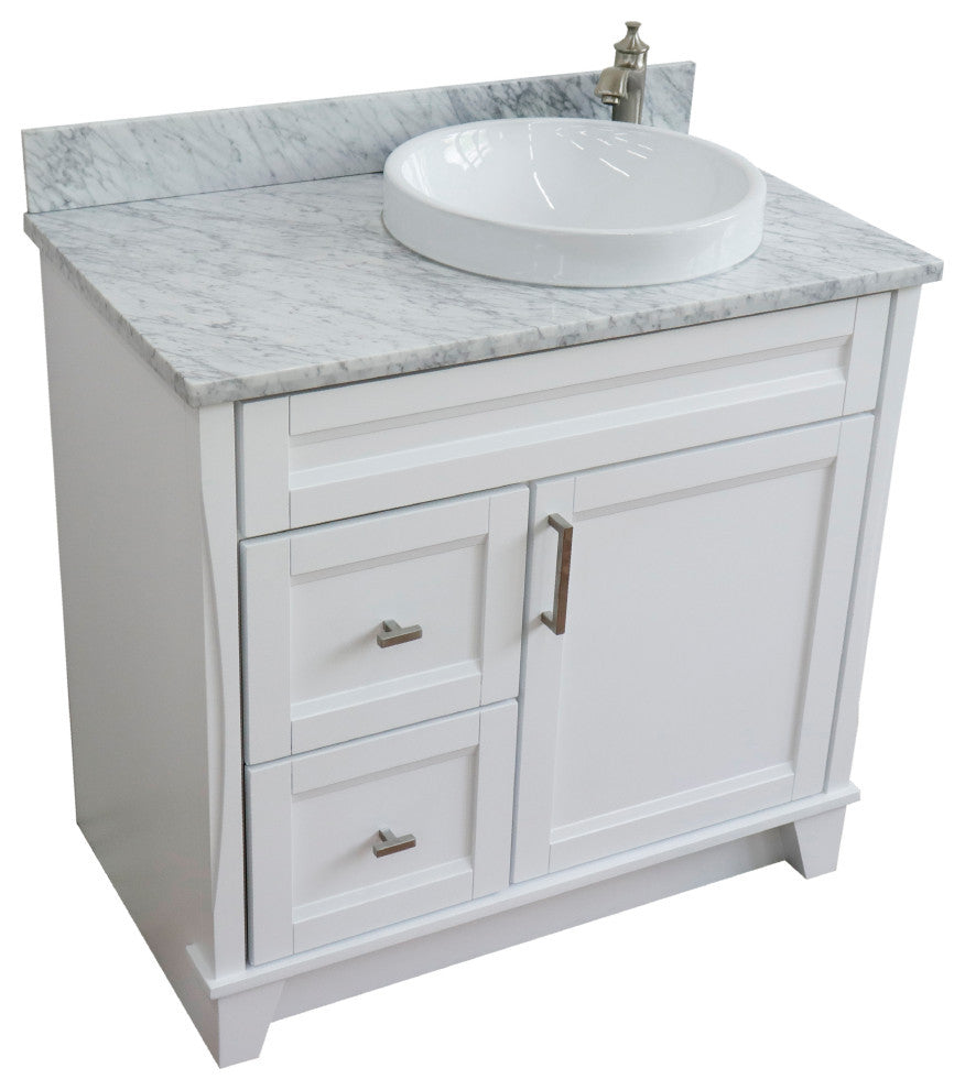 37" Single Sink Vanity, White Finish Top With White Carrara Marble