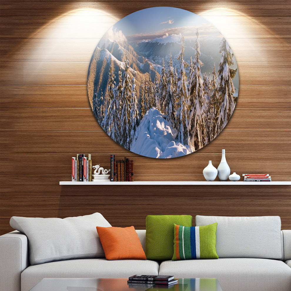 Winter Carpathians Panoramic View, Landscape Round Metal Wall Art, 36"