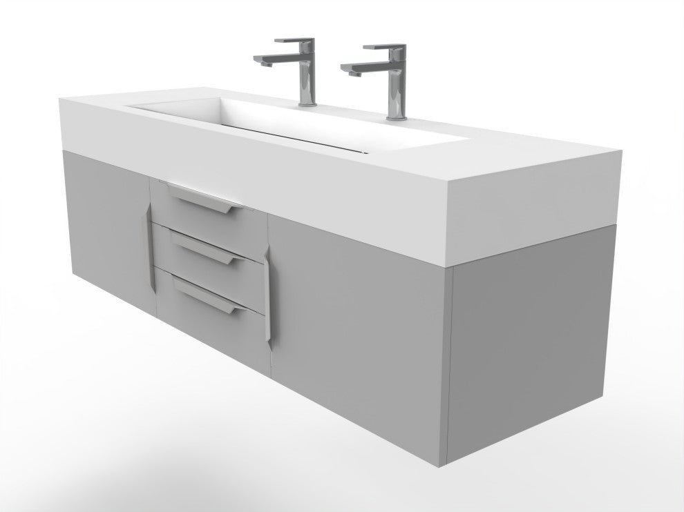 CastelloUSA Nile 60" Wall Mounted Vanity Set, Gray, White Top, Chrome Handles