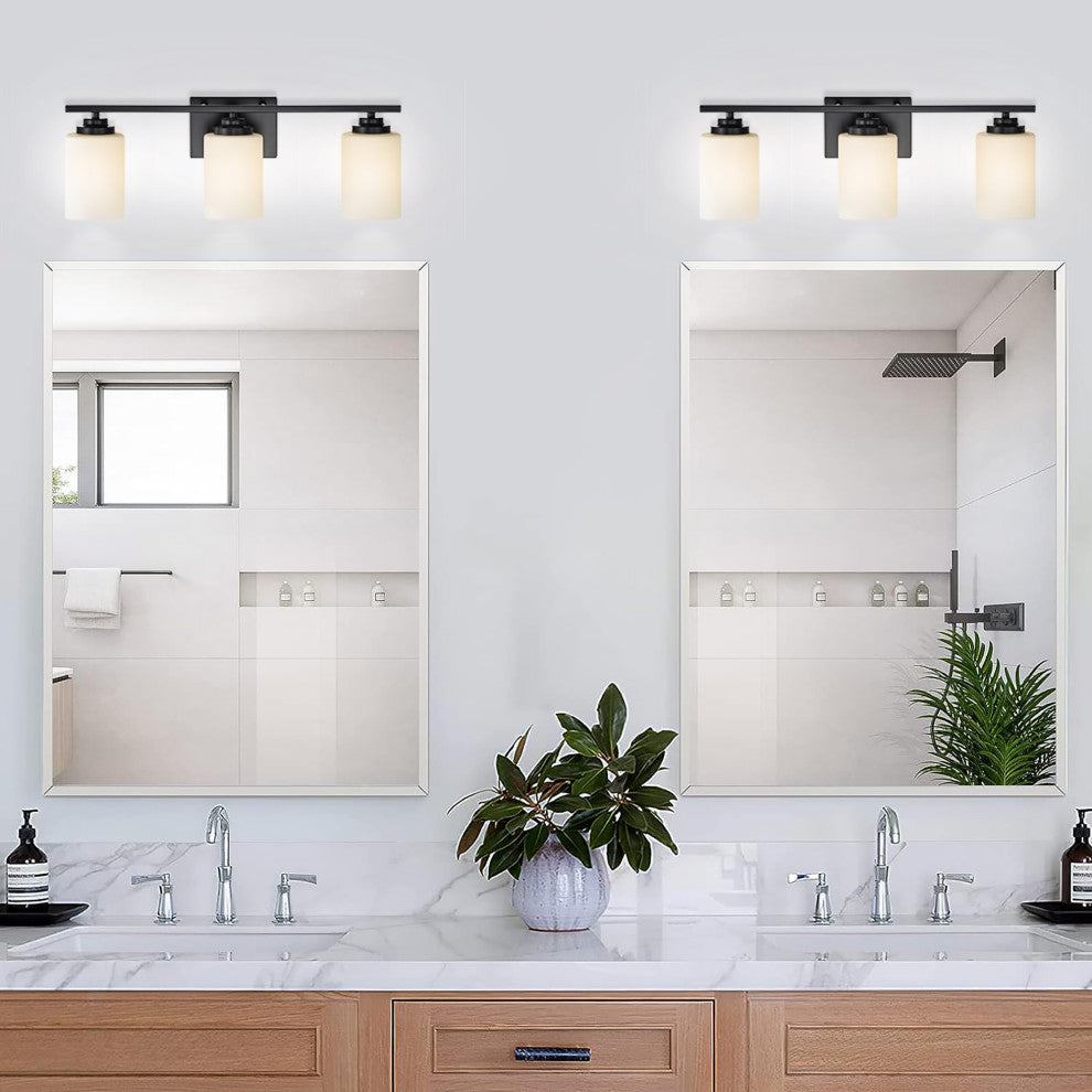 3-Light Matte Black Vanity With Etched White Glass Shades