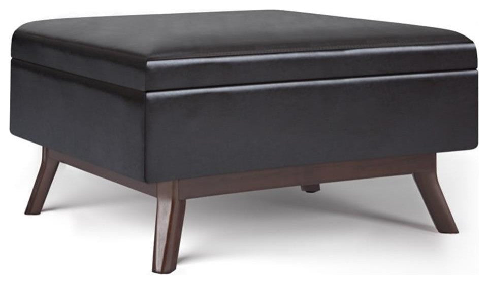 Simpli Home Owen Faux Air Leather Coffee Table Storage Ottoman in Tanners Brown