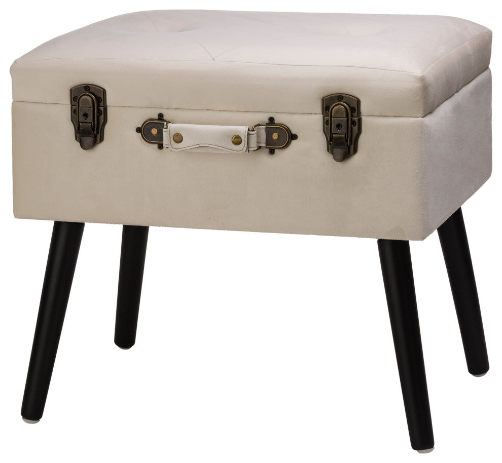 19.69"L Velvet Upholstered Storage Stool, Seashell White