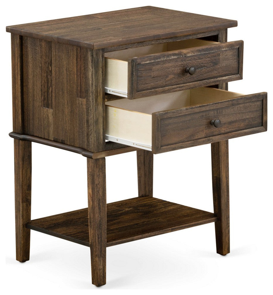 Wood Side Table, 2 Wood Drawers, Distressed Jacobean Finish