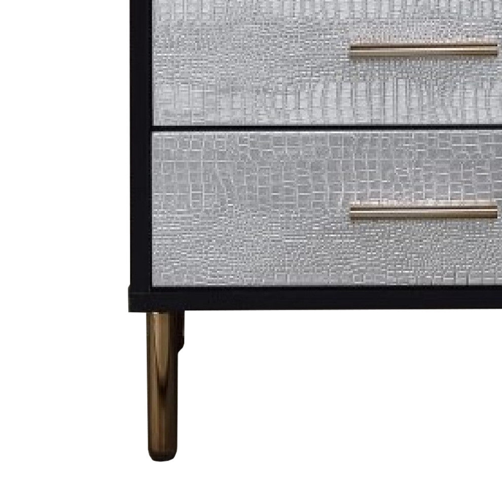 Benzara BM274661 19" Glamorous Style Nightstand, 3 Drawers, Black, Silver, Gold