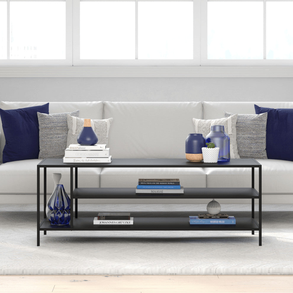 46" Black Steel Coffee Table With Two Shelves