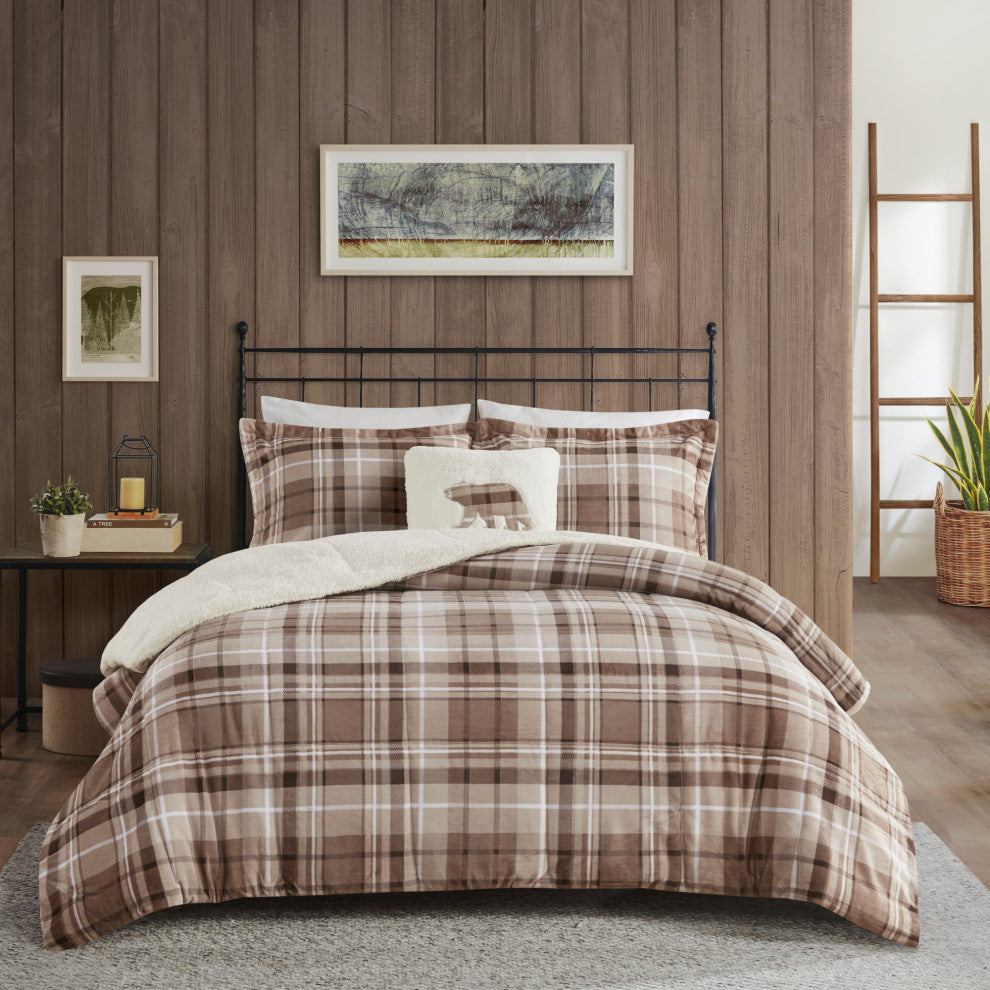 Woolrich Alton Plush to Sherpa Winter Comforter Set, Plaid Taupe, King