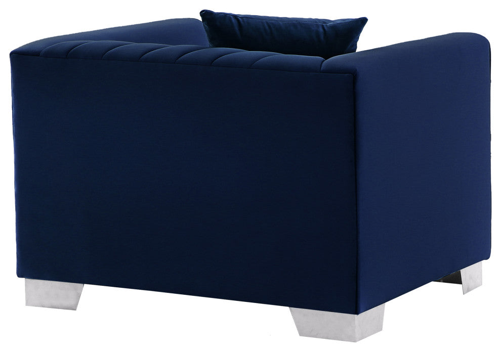 Cambridge Contemporary Sofa Chair, Brushed Stainless Steel, Blue Velvet
