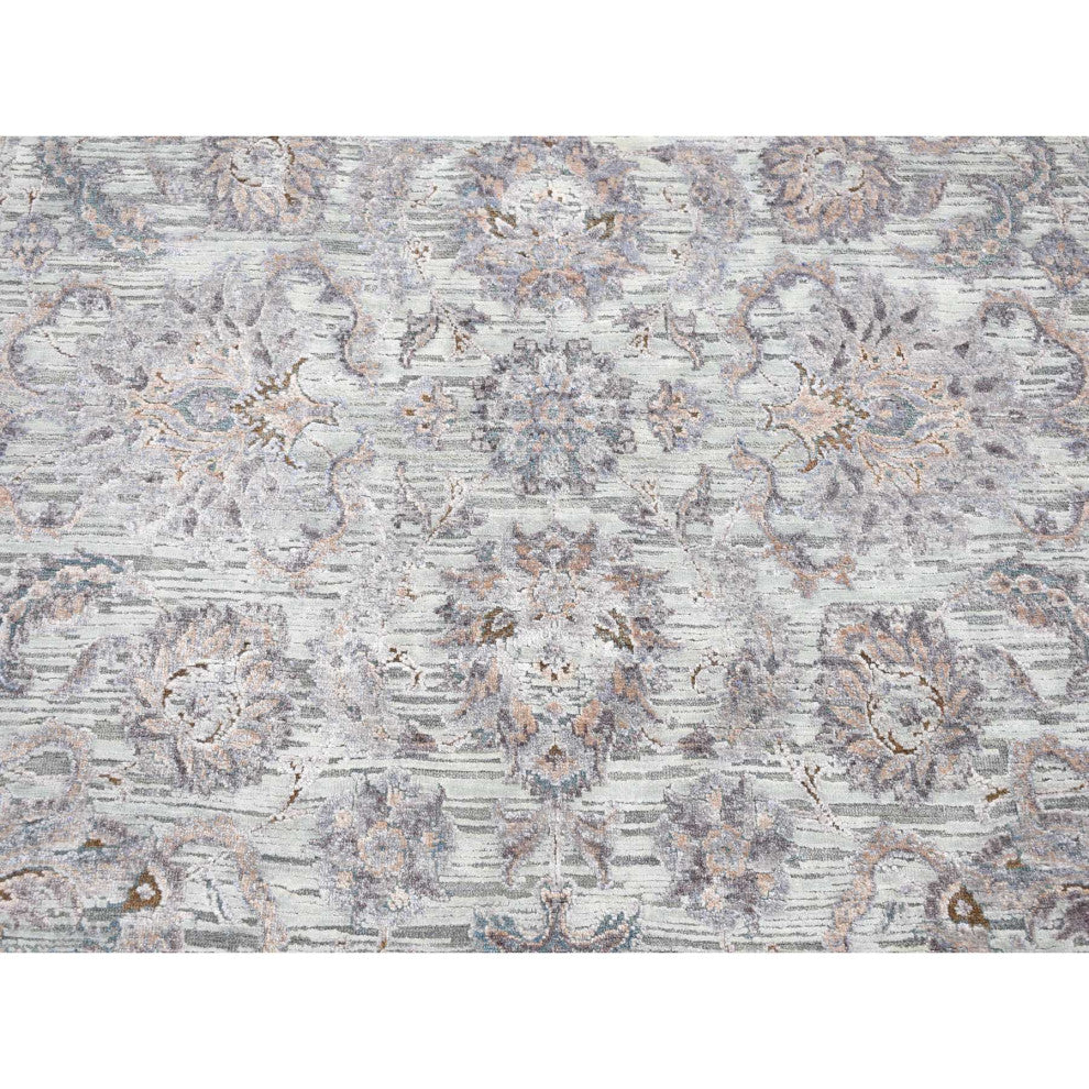 Light Green Pure Silk Wool Mughal Design Hand Knotted Oriental Rug 7'10"x10'
