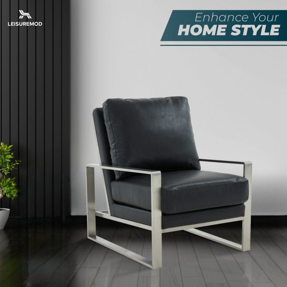 LeisureMod Jefferson Faux Leather Accent Armchair With Silver Frame, Black